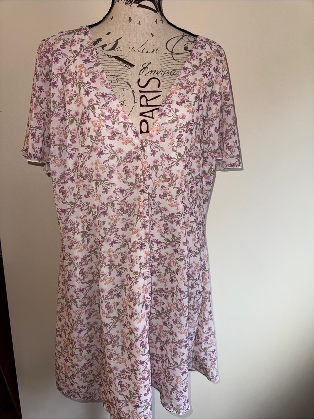 Floral V-Neck Short Sleeve Women's Dress - Pink